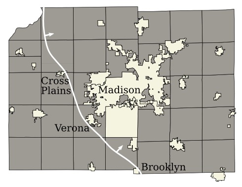 Extent of Johnstown
phase of the Wisconsin glacier in Dane county