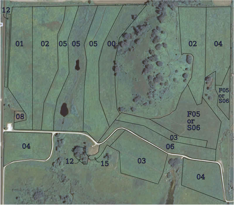 Aerial photo showing the
dates when the various prairie plots were planted