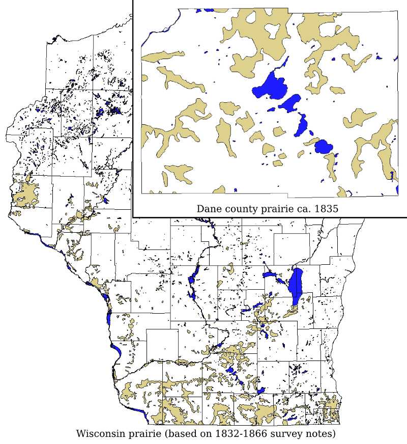 Map of Wisconsin and
Dane county prairie based on survey records 1832-1866