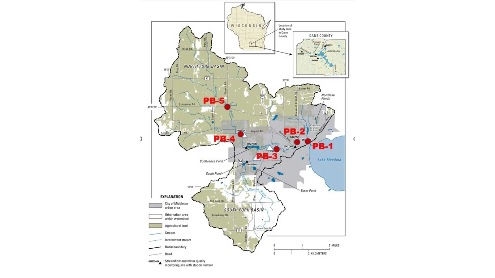 Map of monitoring stations along Pheasant Branch Creek