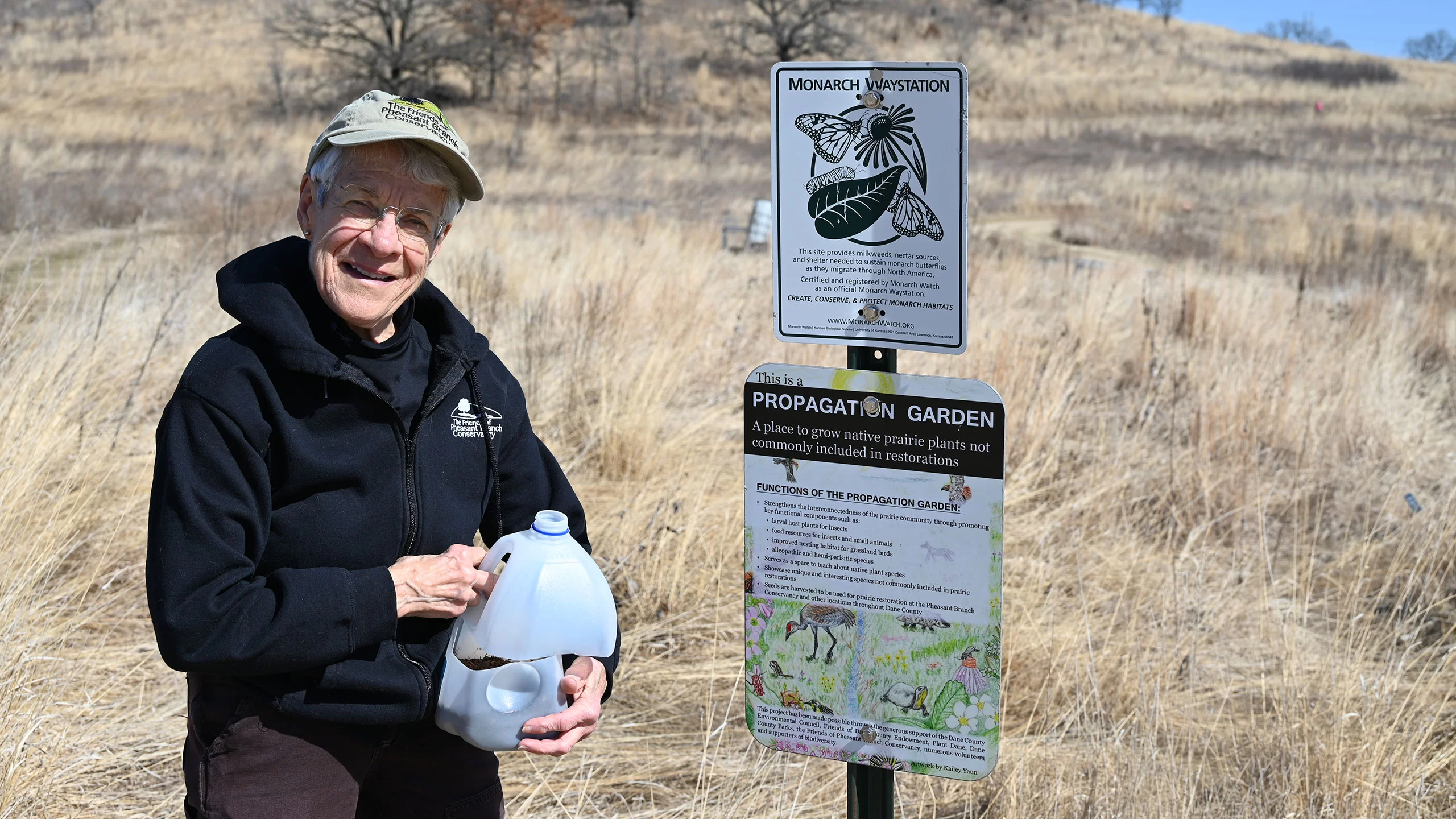 Susan Gruber stands by the Propagation Garden at Pheasant Branch Conservancy in Middleton, Wisconsin