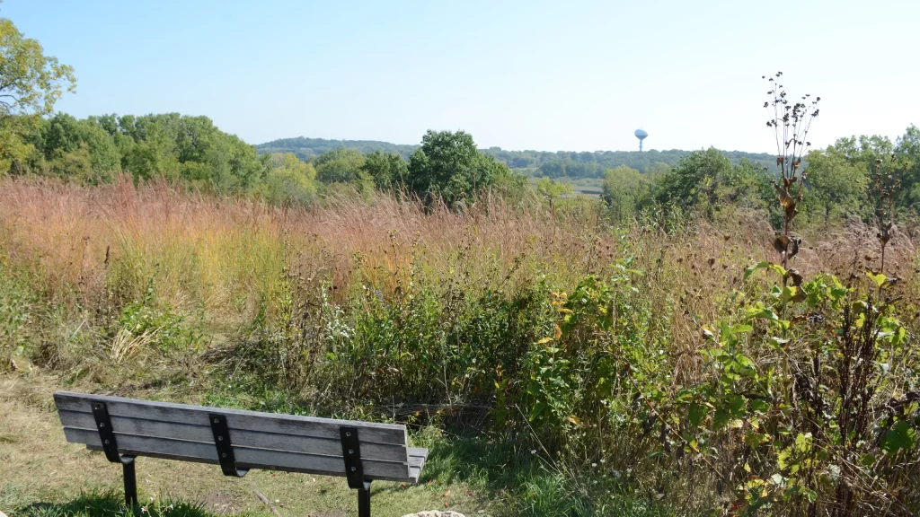 Scenic overlook with bench at Pheasant Branch Conservancy in Middleton, Wisconsin