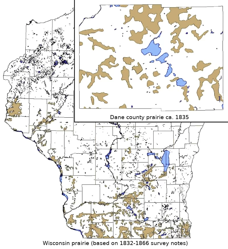 Map of Wisconsin and Dane county pre-European-settlement prairie based on survey records from 1832-1866