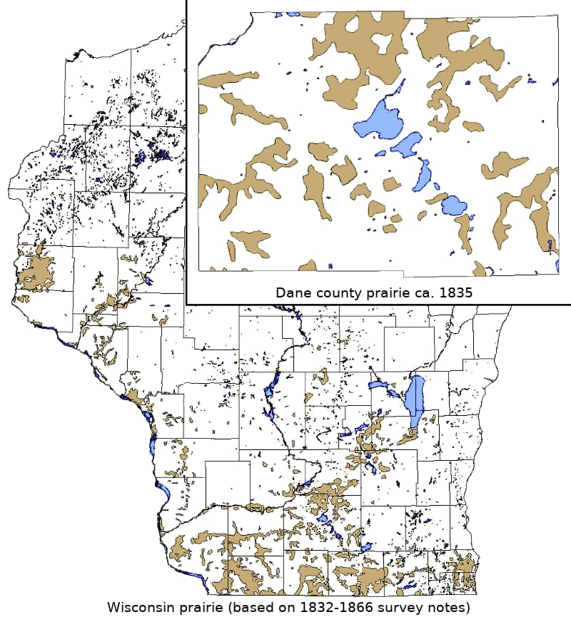Map of Wisconsin and Dane county prairie based on survey records 1832-1866