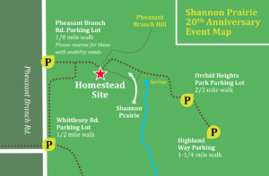 Map showing parking locations, homestead site, and Shannon Prairie 